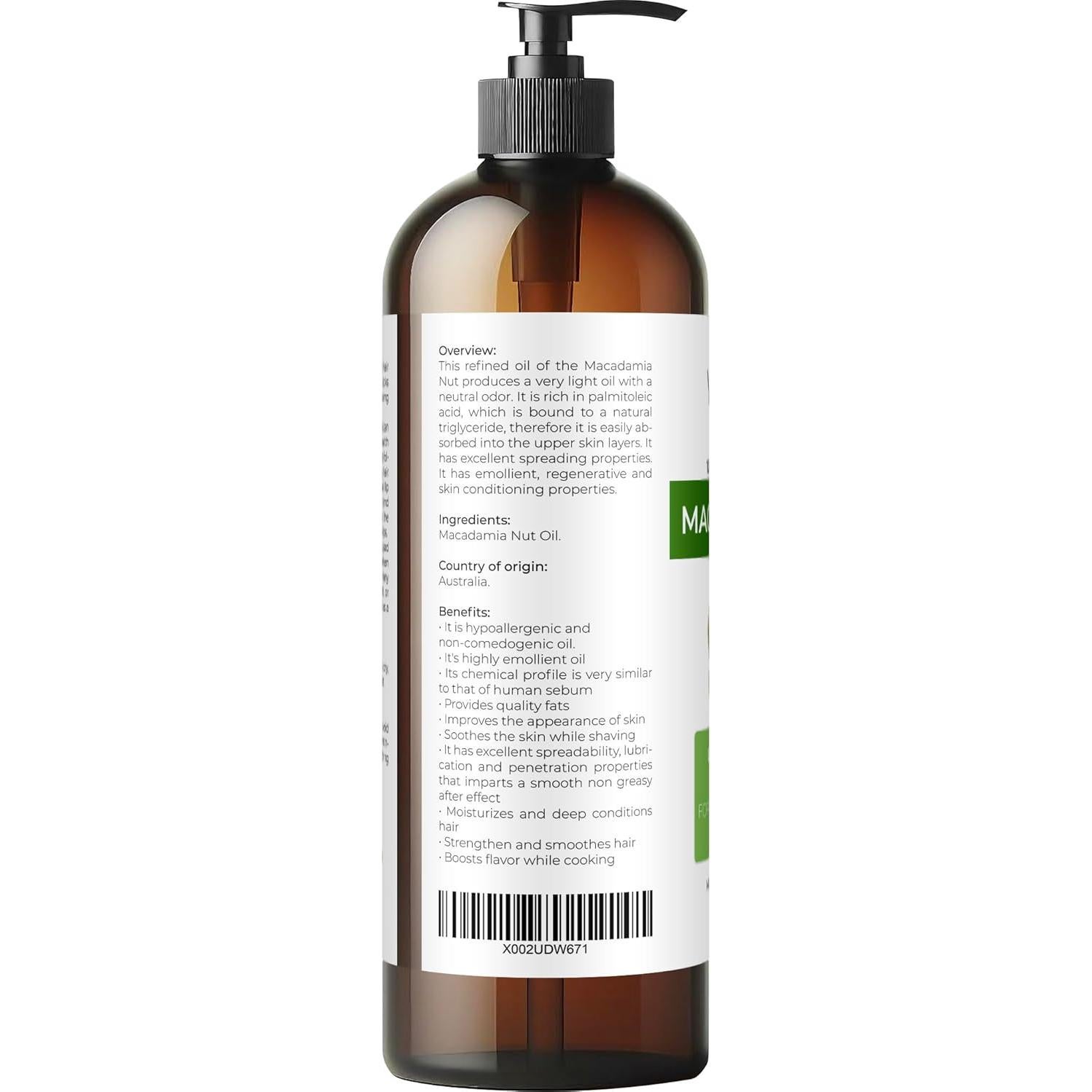 Aceite de Nuez de Macadamia 473 ml Velona - 100% Puro y Natural