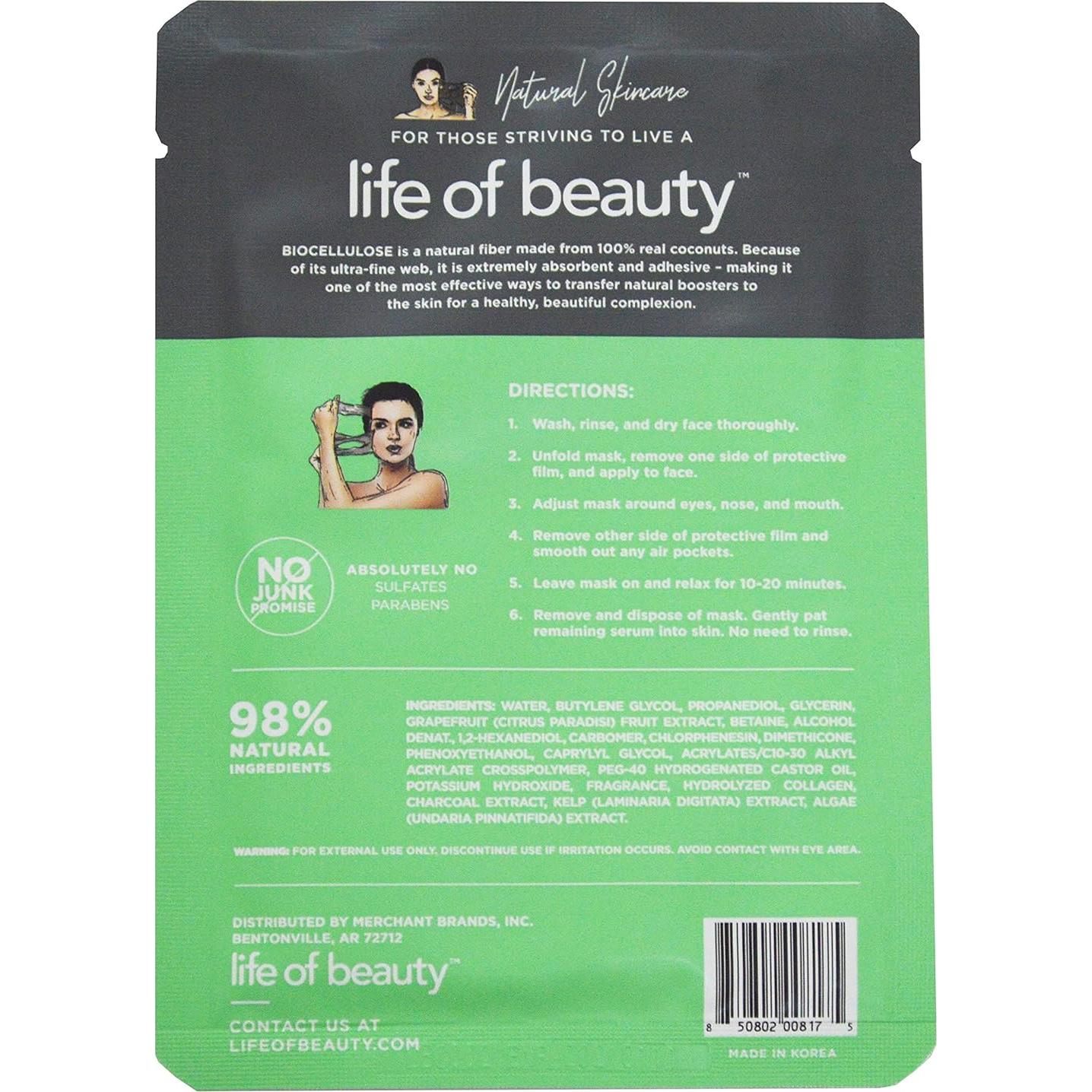Mascarilla Facial Biocelulosa Coreana Life of Beauty con Colágeno y Carbón