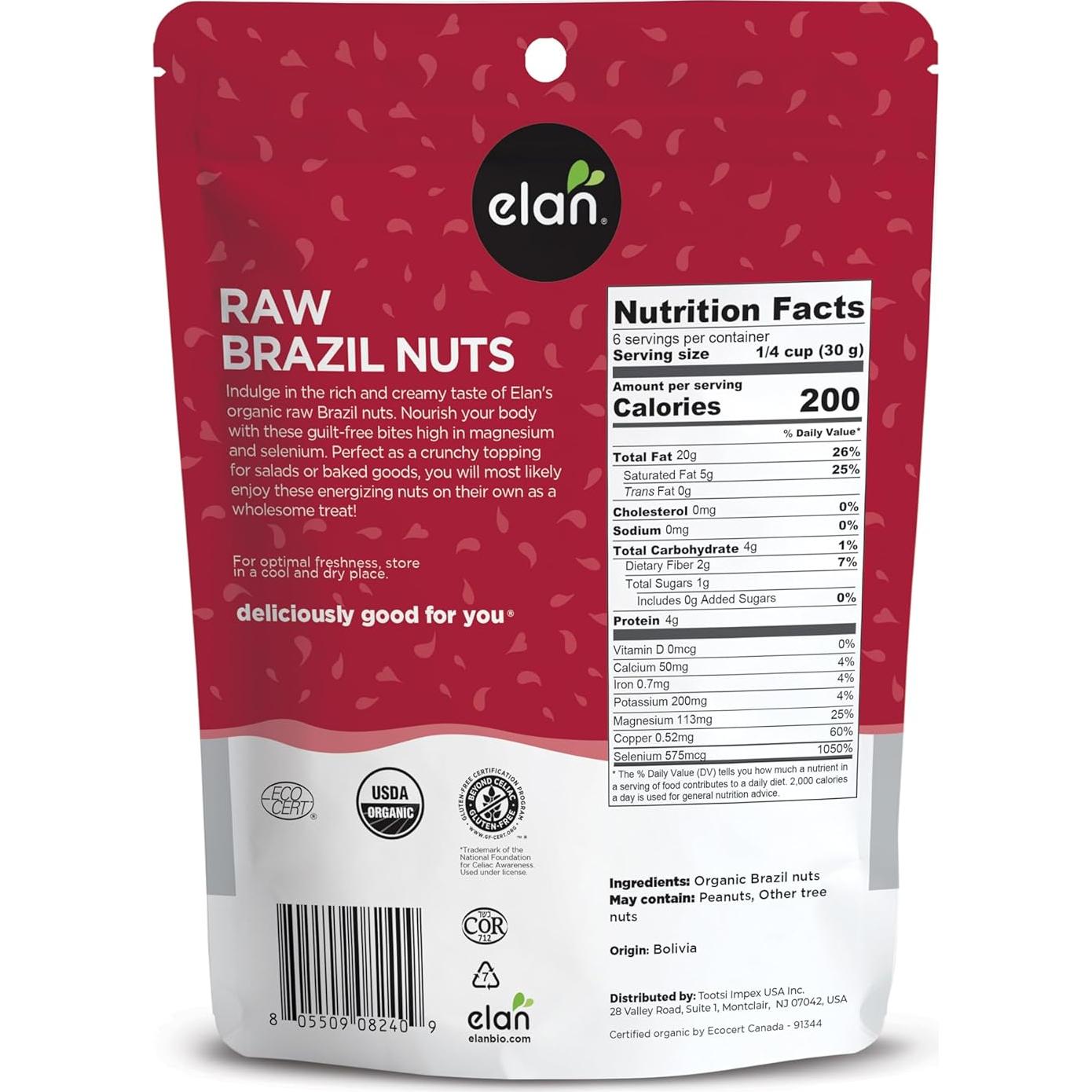 Nueces de Brasil Orgánicas Elan 184 g - Sin Cáscara, Veganas
