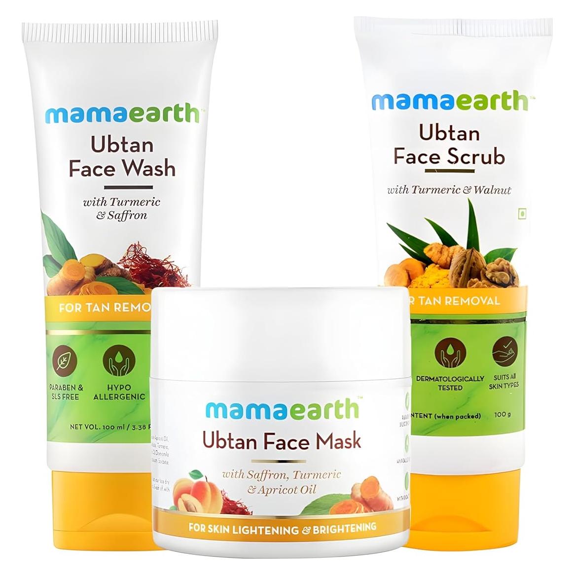 Kit Facial Mamaearth Ubtan 3 en 1: Limpiador, Exfoliante y Mascarilla
