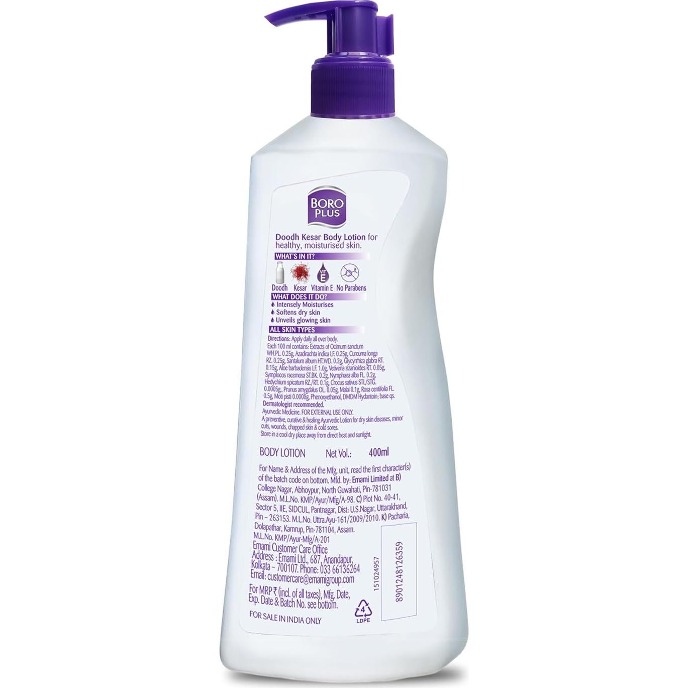 Loción Corporal Boroplus Doodh Kesar 400ml - Hidratante Natural