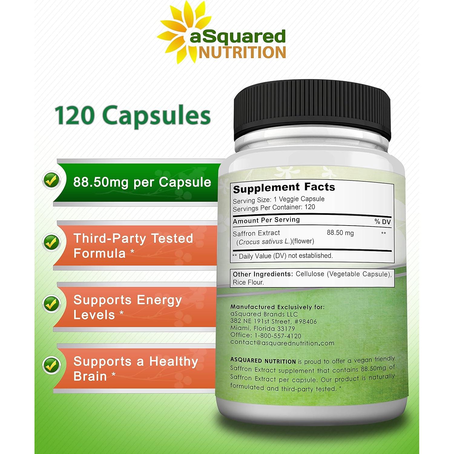 Suplemento de Azafrán aSquared Nutrition - 120 Cápsulas - 88.5mg