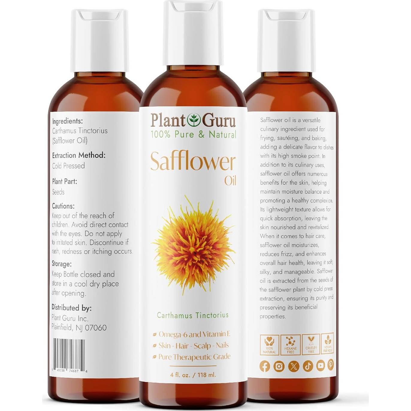 Aceite de cártamo 118 ml Plant Guru - 100% puro y prensado en frío