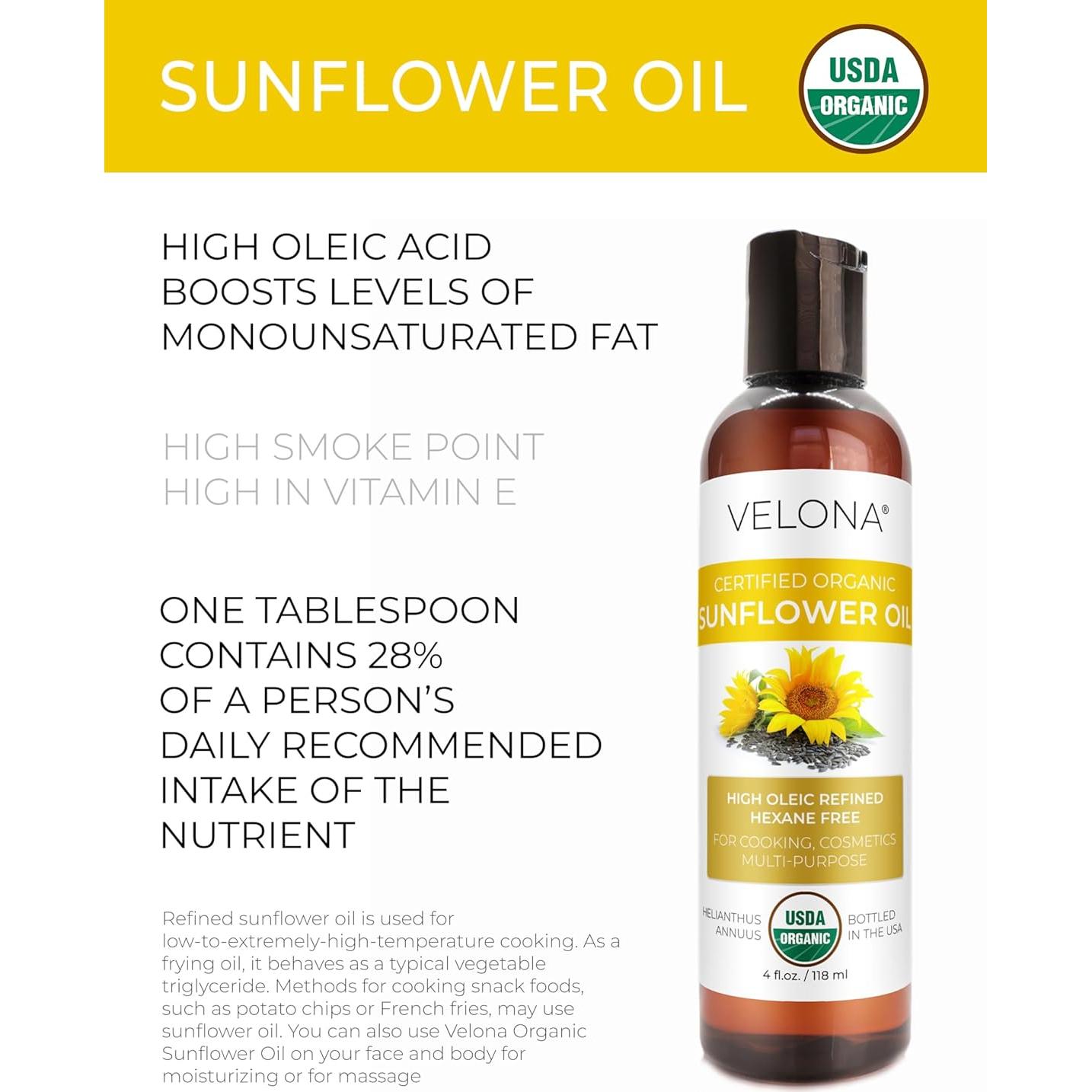 Aceite de Girasol Orgánico Velona 118 ml - 100% Puro y Natural