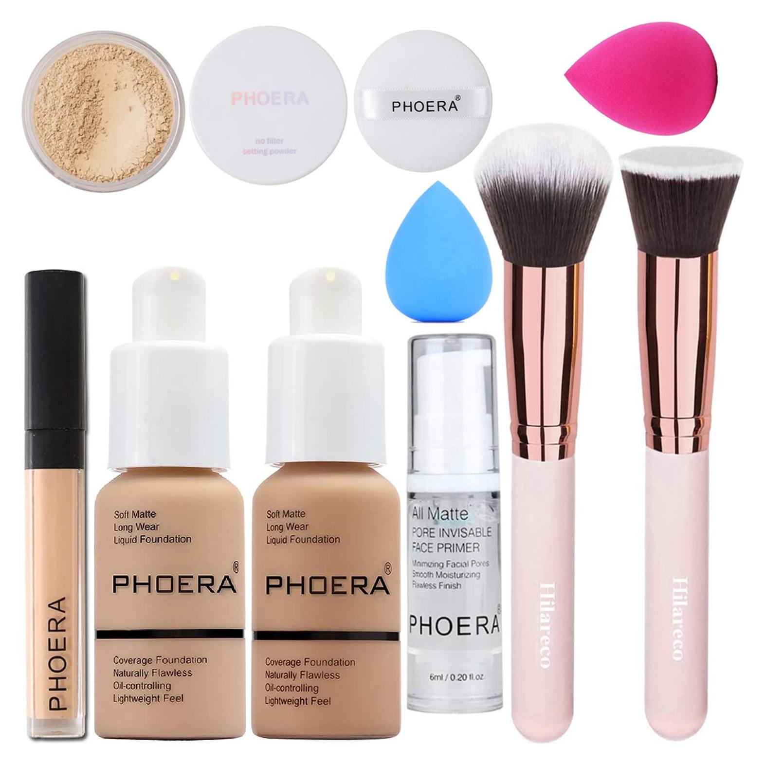Set de Maquillaje PHOERA - Base, Polvo, Corrector y Brochas