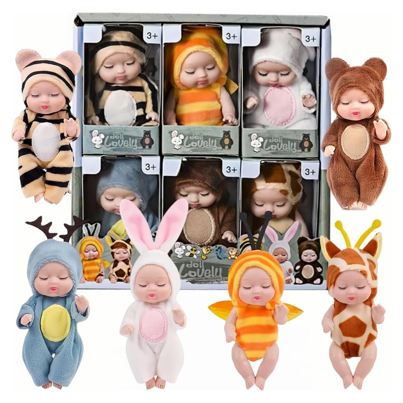 Juego de 6 Muñecas Bebé Mini 5 cm con Ropa y Cama