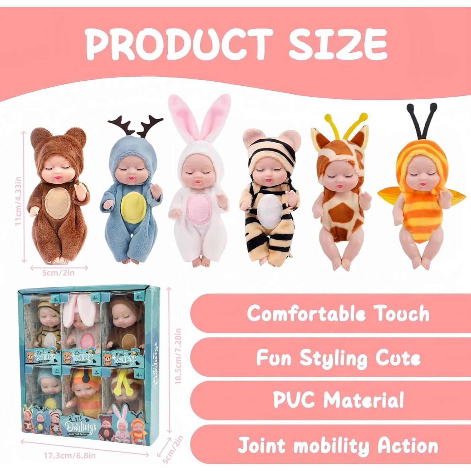 Juego de 6 Muñecas Bebé Mini 5 cm con Ropa y Cama