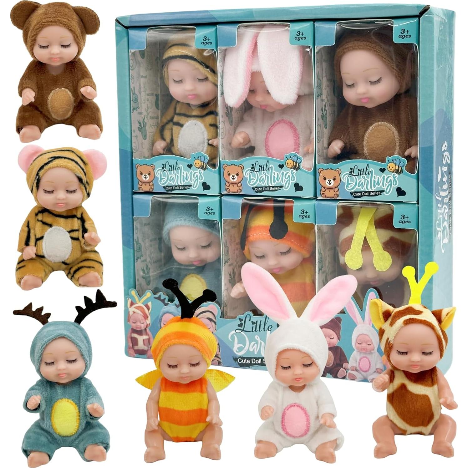 Juego de 6 Muñecas Bebé Mini 5 cm con Ropa y Cama