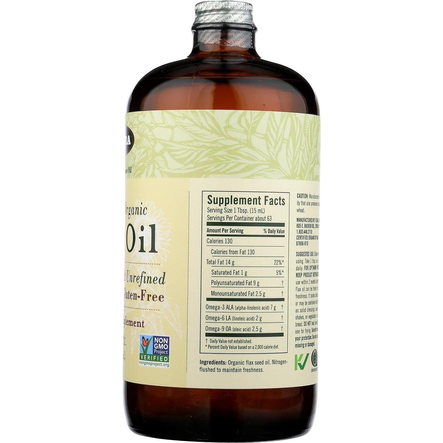 Aceite de Linaza Orgánico Flora 946 ml Prensado en Frío Omega-3