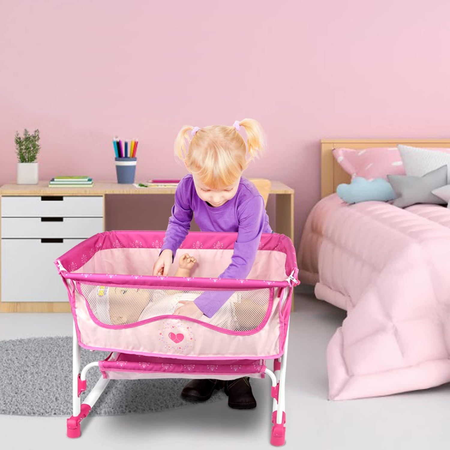 Cama de Muñeca ANIVIA DP601 Rosa 2 en 1 Cuna y Columpio