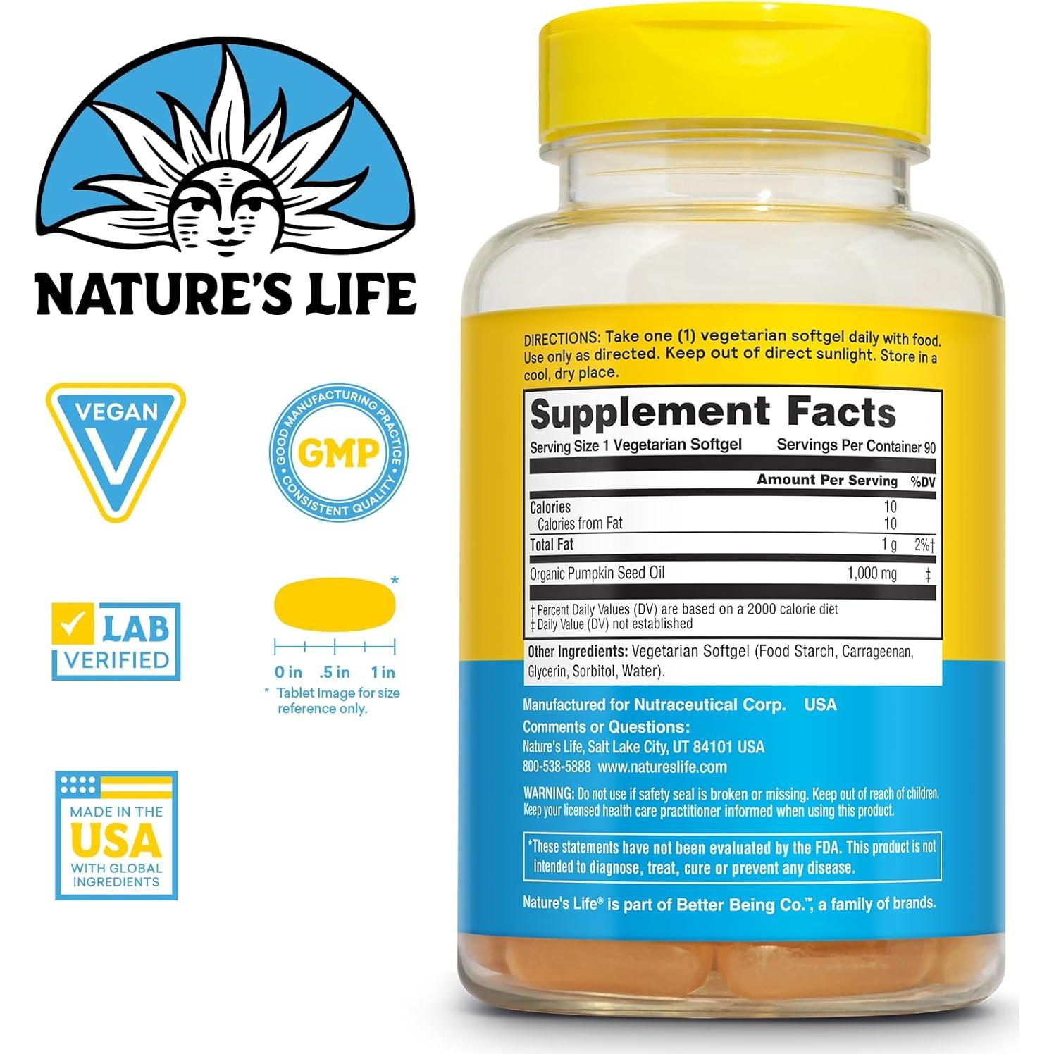 Suplemento Aceite de Semilla de Calabaza Nature's Life 90 Cápsulas