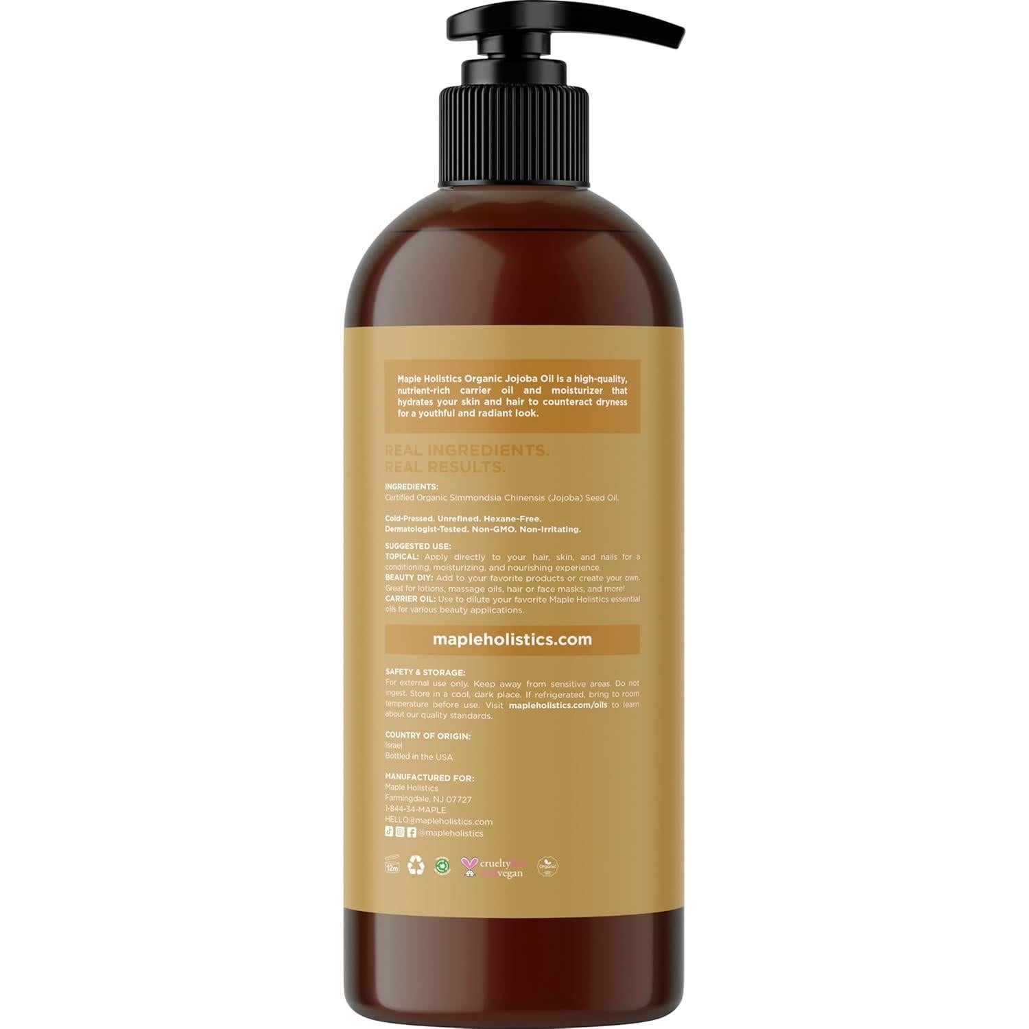 Aceite de Jojoba Orgánico Maple Holistics 473 ml - Puro y Sin Refinar