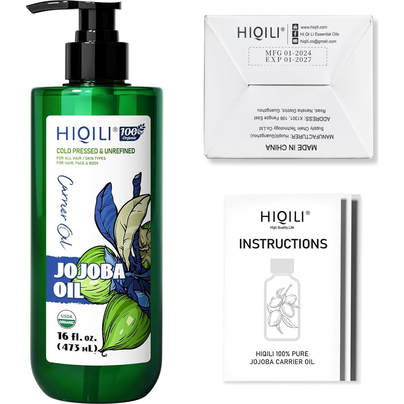 Aceite de Jojoba Orgánico HIQILI 473ml - Crecimiento Cabello y Piel