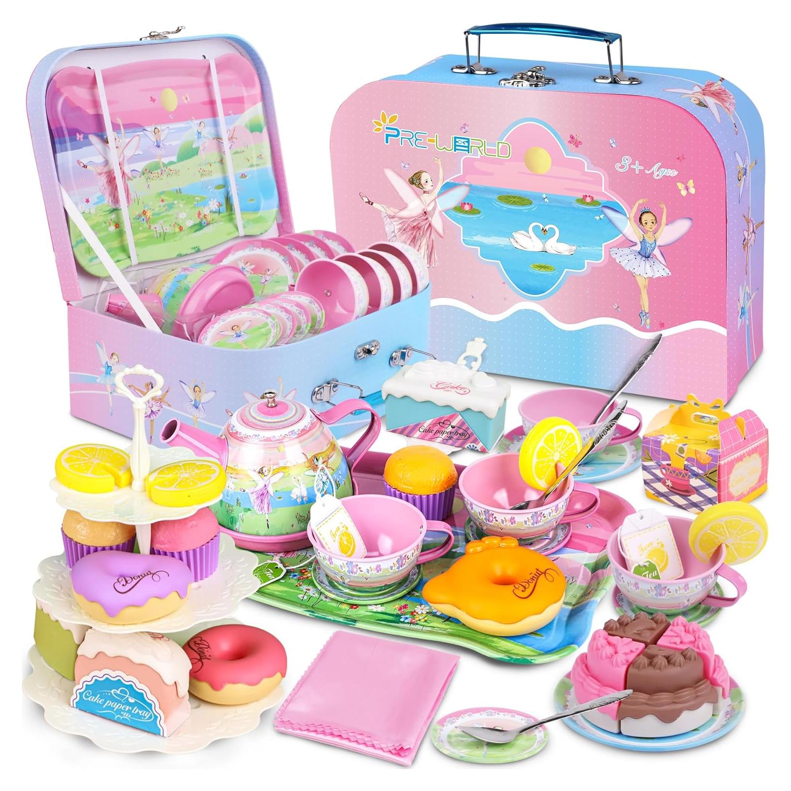 Tea Set for Little Girls,PRE-WORLD 50PCS Princess Tea Party Time Toy Including Dessert,Cookies,Doughnut,Teapot Tray Cake, Tablecloth & Carrying Case,Kids Kitchen Pretend Play for Girls Boys Age 3-6
