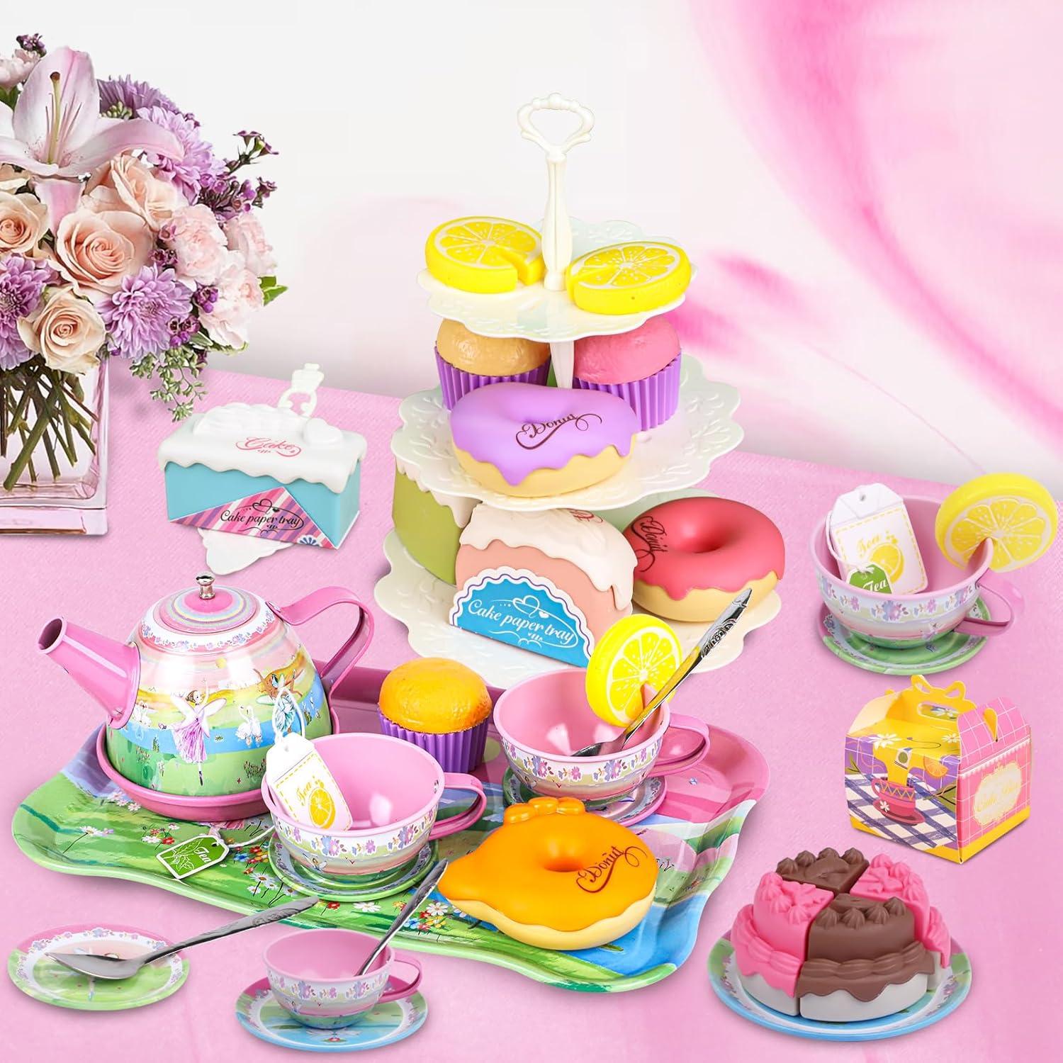 Tea Set for Little Girls,PRE-WORLD 50PCS Princess Tea Party Time Toy Including Dessert,Cookies,Doughnut,Teapot Tray Cake, Tablecloth & Carrying Case,Kids Kitchen Pretend Play for Girls Boys Age 3-6