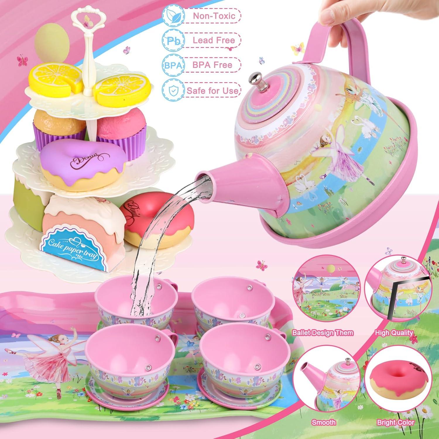 Tea Set for Little Girls,PRE-WORLD 50PCS Princess Tea Party Time Toy Including Dessert,Cookies,Doughnut,Teapot Tray Cake, Tablecloth & Carrying Case,Kids Kitchen Pretend Play for Girls Boys Age 3-6