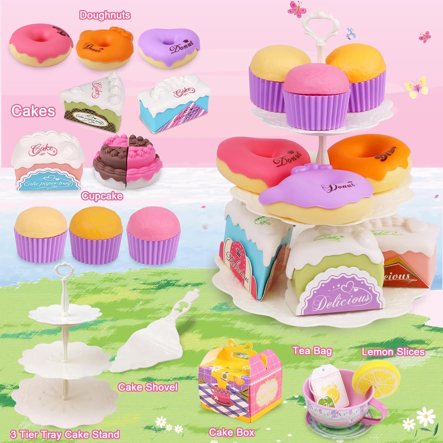 Tea Set for Little Girls,PRE-WORLD 50PCS Princess Tea Party Time Toy Including Dessert,Cookies,Doughnut,Teapot Tray Cake, Tablecloth & Carrying Case,Kids Kitchen Pretend Play for Girls Boys Age 3-6
