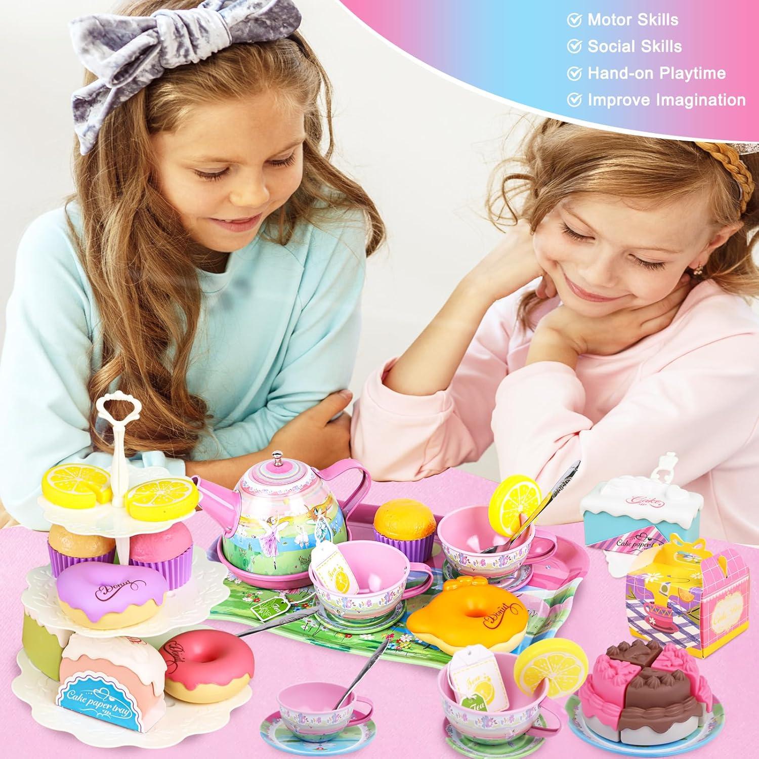 Tea Set for Little Girls,PRE-WORLD 50PCS Princess Tea Party Time Toy Including Dessert,Cookies,Doughnut,Teapot Tray Cake, Tablecloth & Carrying Case,Kids Kitchen Pretend Play for Girls Boys Age 3-6