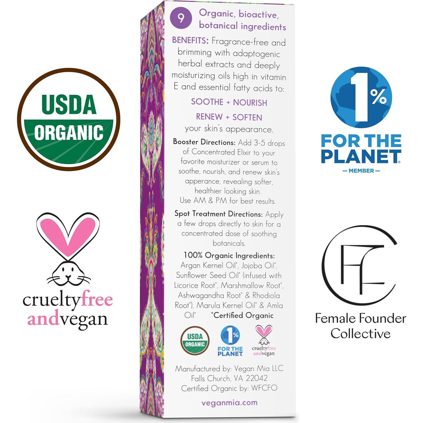 Elixir Facial Orgánico Vegan Mia - Hidratante para Piel Seca 14.79 ml