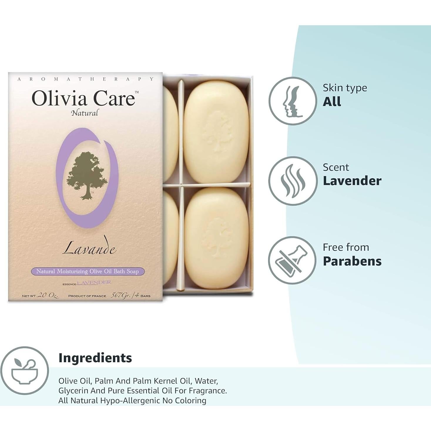 Jabón en Barra de Lavanda Olivia Care - Set de 4 x 142 g - Orgánico