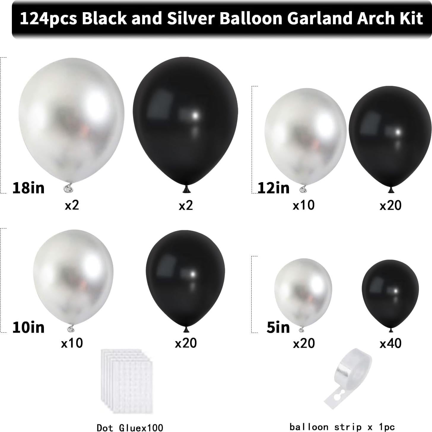 Kit de Globos Metálicos Negros y Plateados 124pcs para Fiesta