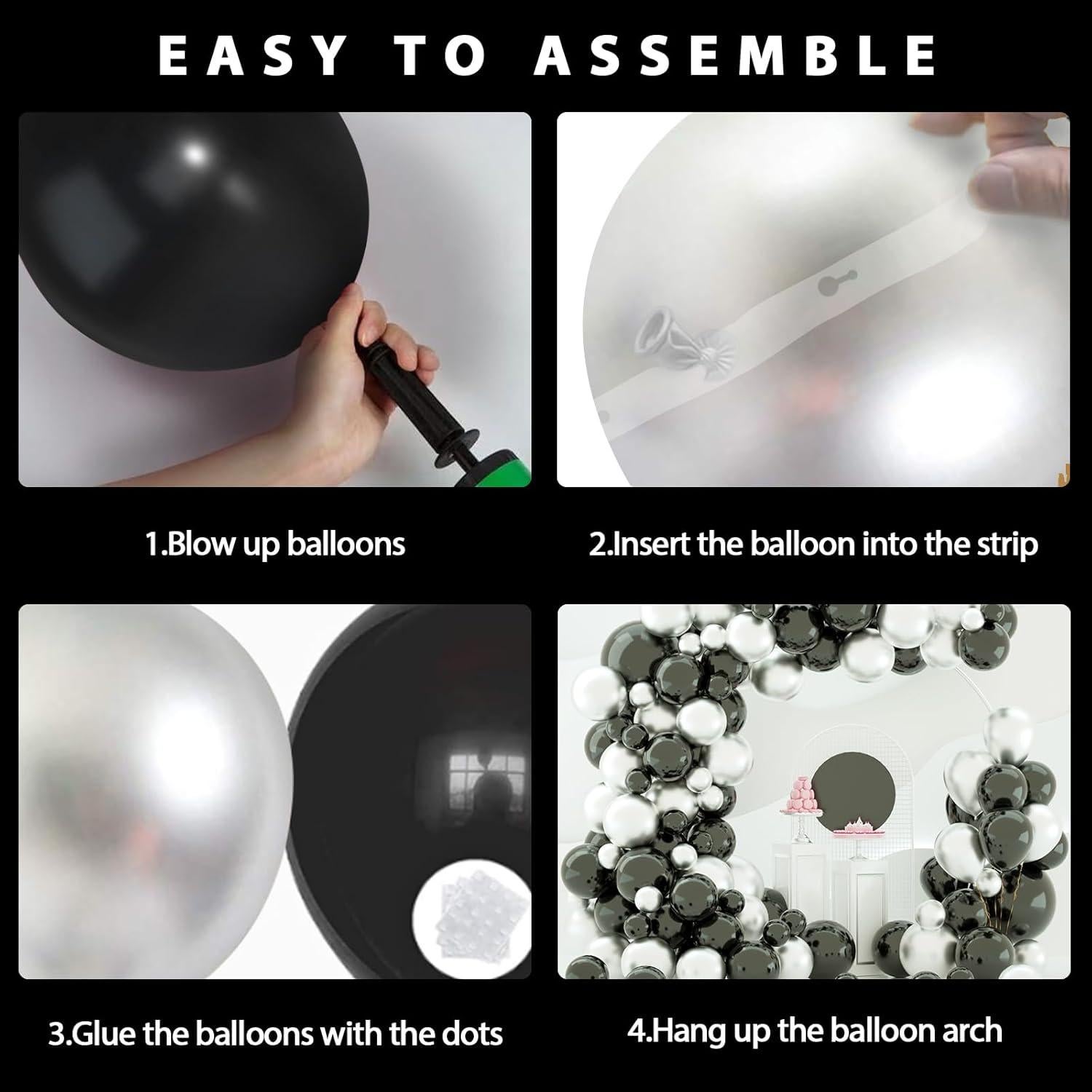 Kit de Globos Metálicos Negros y Plateados 124pcs para Fiesta