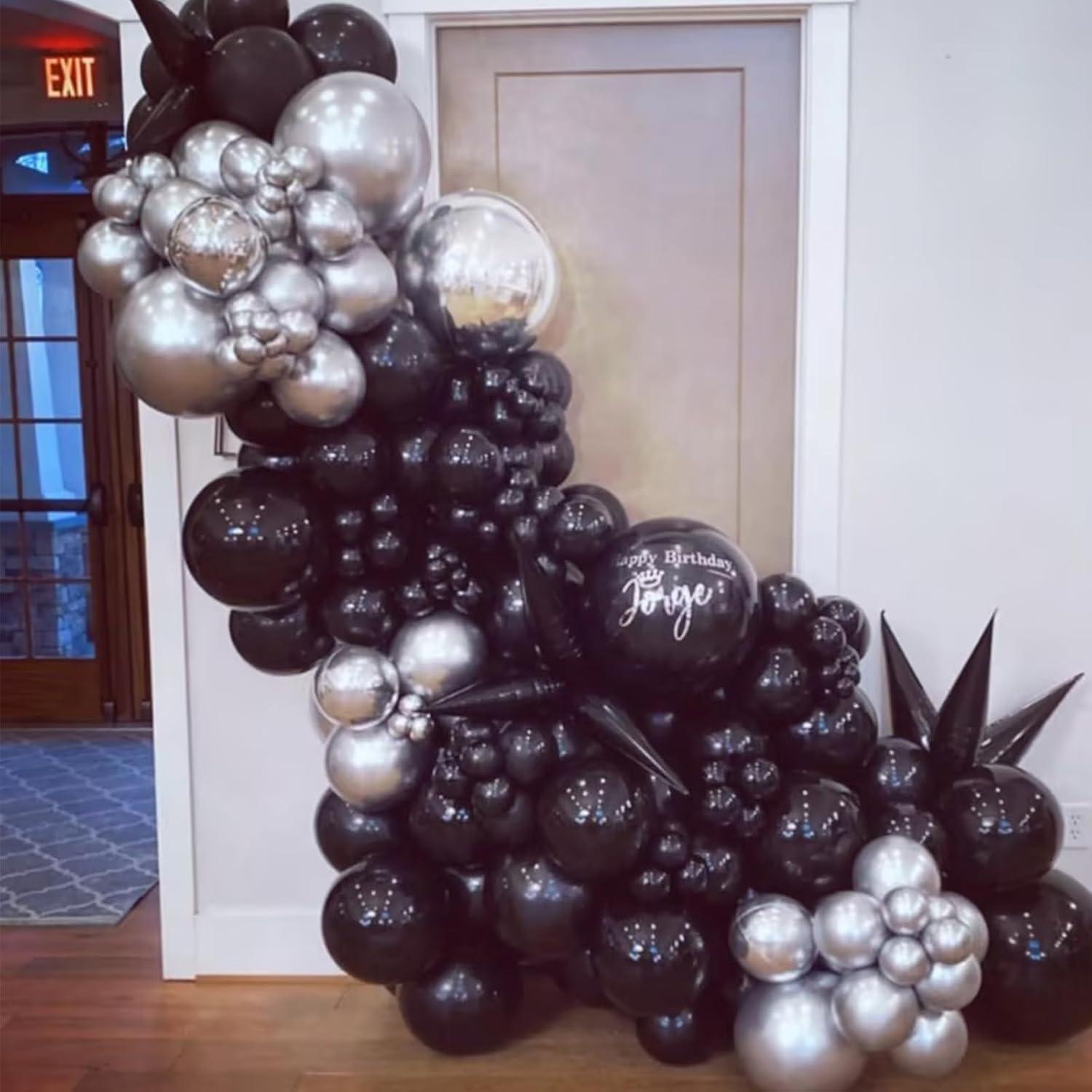 Kit de Globos Metálicos Negros y Plateados 124pcs para Fiesta