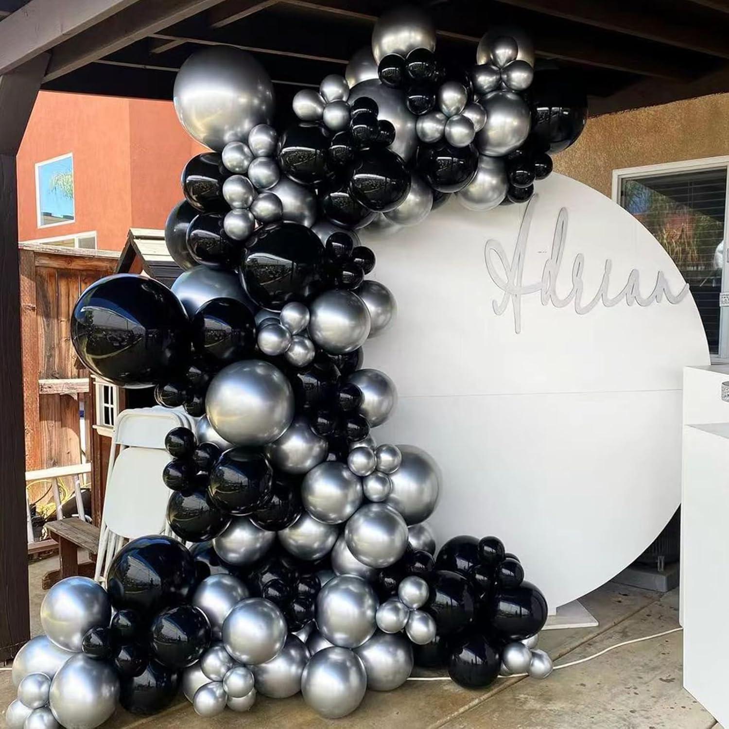 Kit de Globos Metálicos Negros y Plateados 124pcs para Fiesta