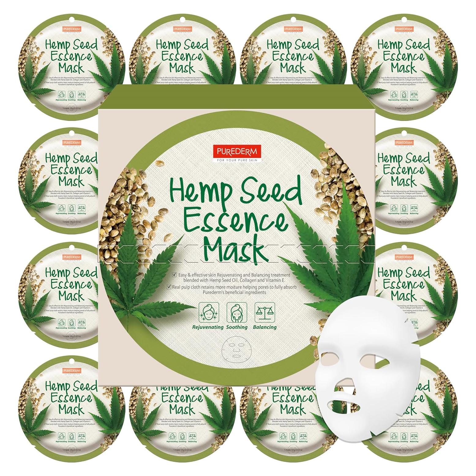 Mascarilla de Esencia de Semilla de Cáñamo Purederm 12 Unidades - Hidratante con Colágeno y Vitamina E