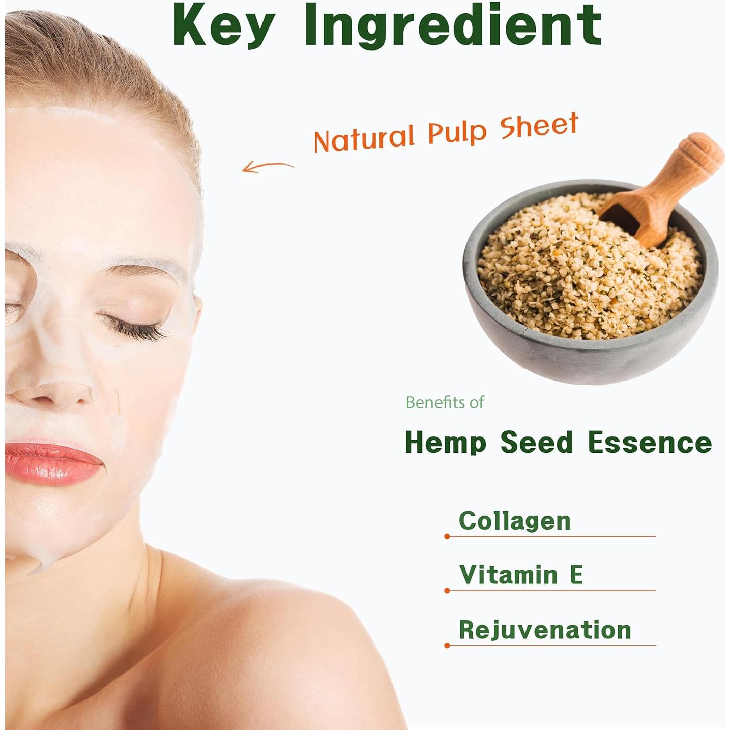 Mascarilla de Esencia de Semilla de Cáñamo Purederm 12 Unidades - Hidratante con Colágeno y Vitamina E