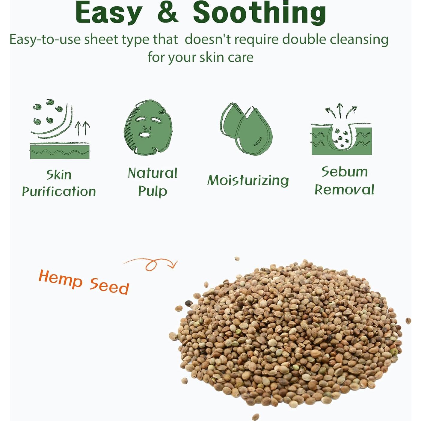 Mascarilla de Esencia de Semilla de Cáñamo Purederm 12 Unidades - Hidratante con Colágeno y Vitamina E