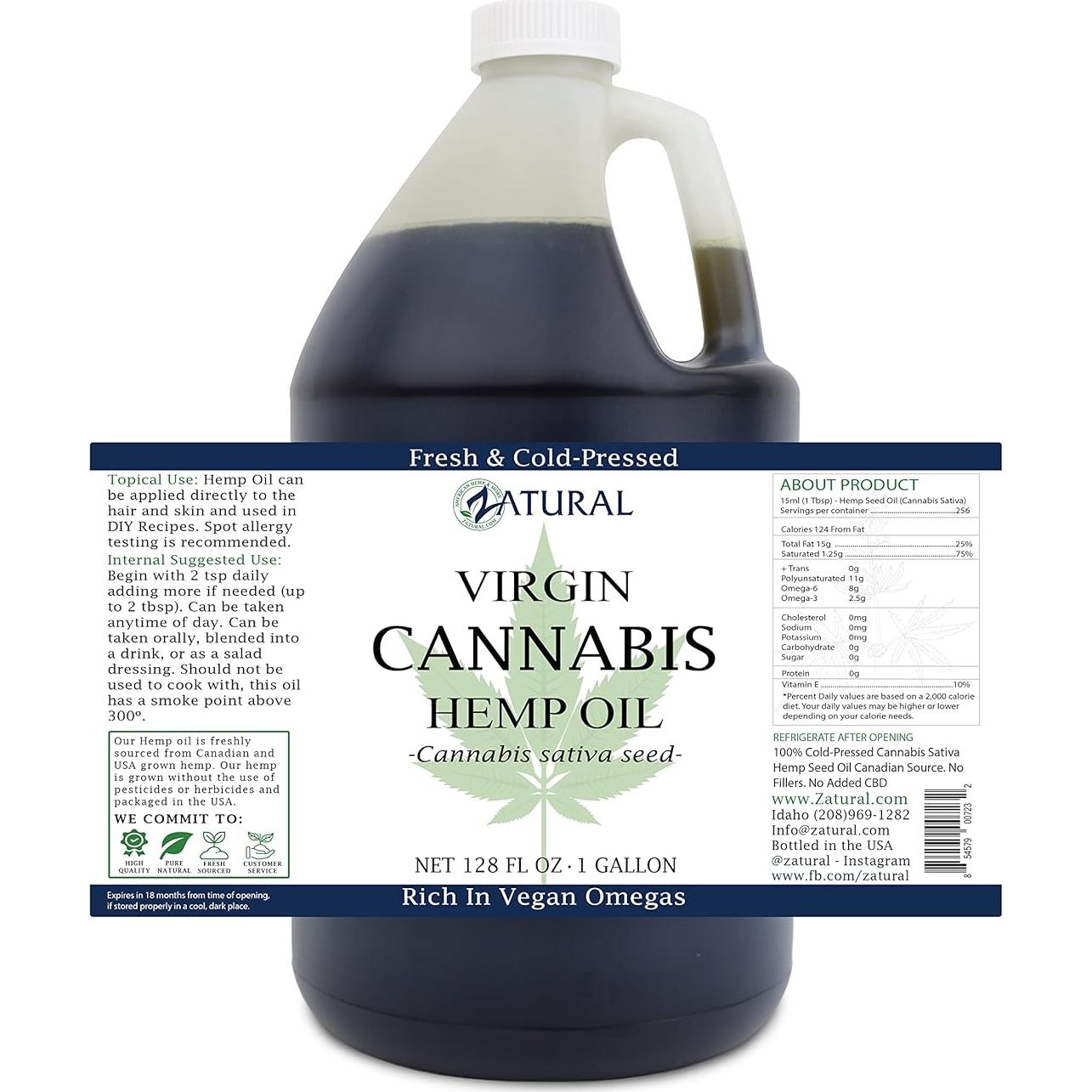 Aceite de Cañamo Zatural 100% Puro 3.785L Omega 3 y 6