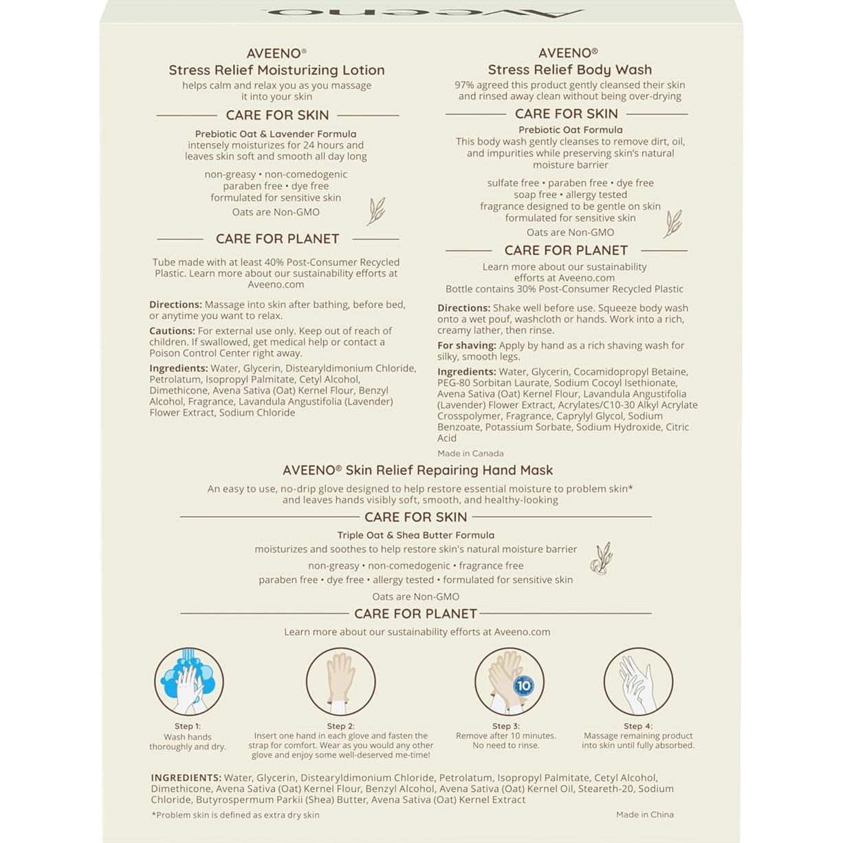 Set de Regalo Aveeno Alivio del Estrés - Gel de Ducha, Loción y Máscaras