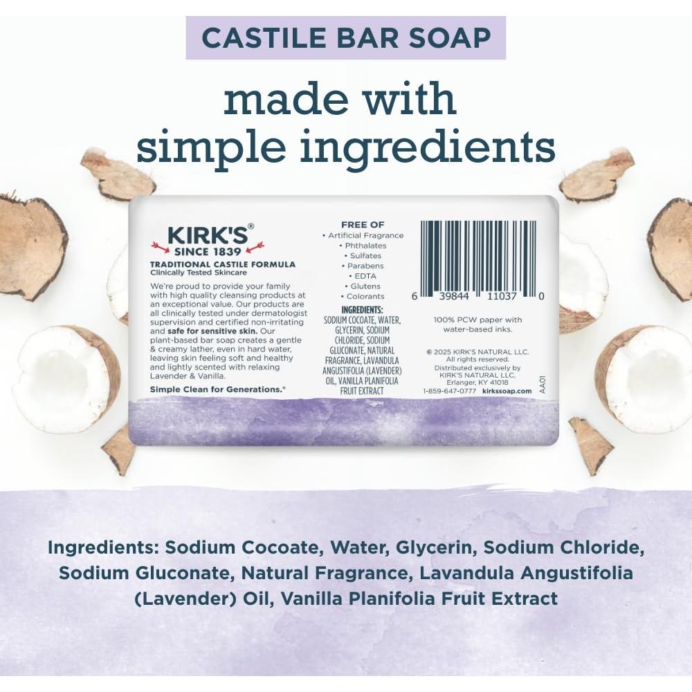 Jabón en Barra Kirk's Castile 113g - Lavanda y Vainilla, Vegano