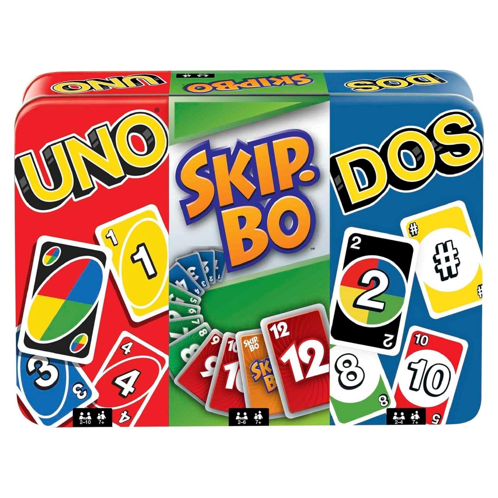 Juego de Cartas Mattel UNO, DOS y Skip-Bo en Estuche