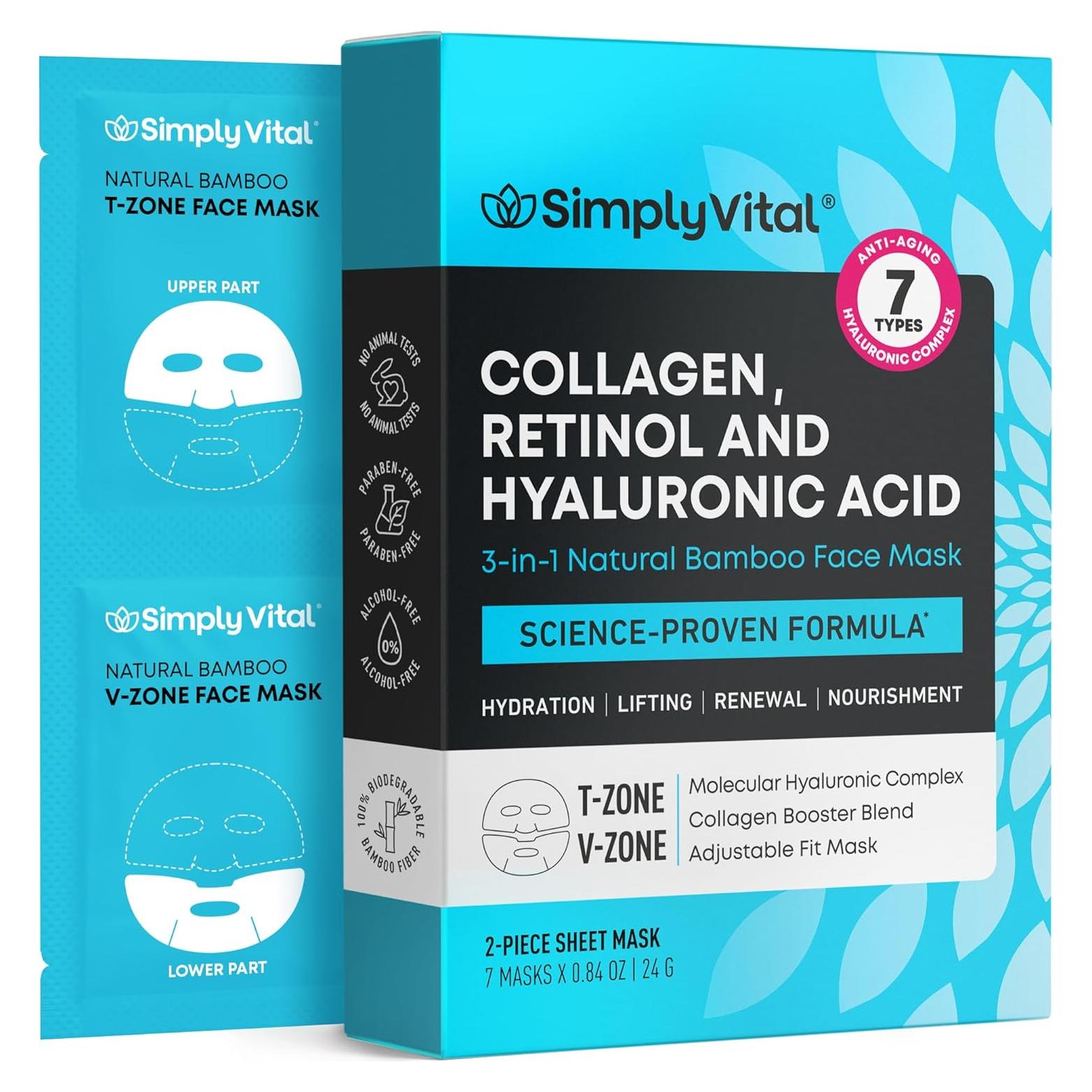 Mascarilla Facial de Colágeno SimplyVital con Retinol y Ácido Hialurónico - 7 Unidades