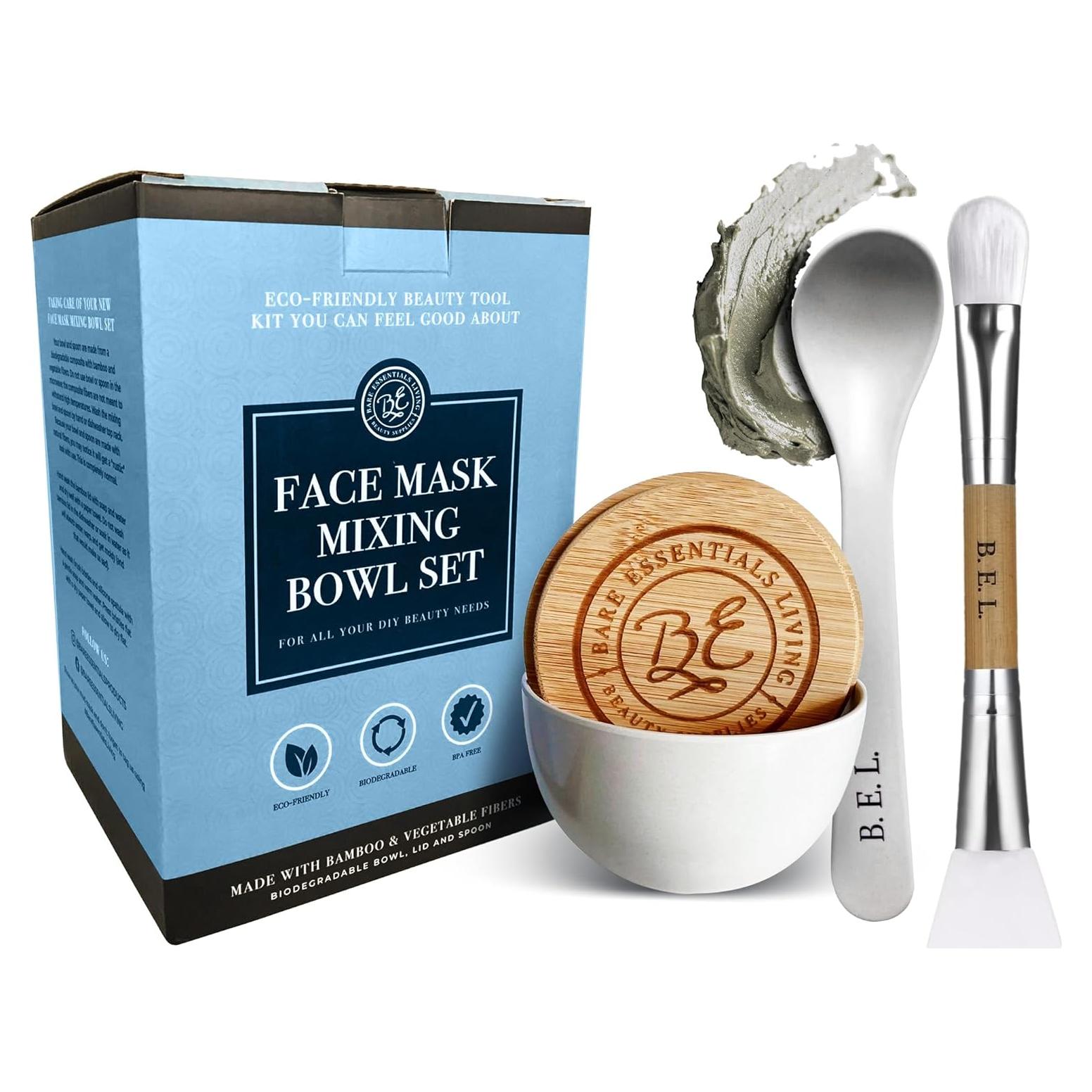 Bare Essentials Living - Clay Face Mask Mixing Bowl Set, Skin Care Kit Facial Bowls with Bamboo Lid, Face Mask Spoon, & Dual Sided Face Mask Brush Applicator for DIY Clay Mask, Facials & Hair (White)