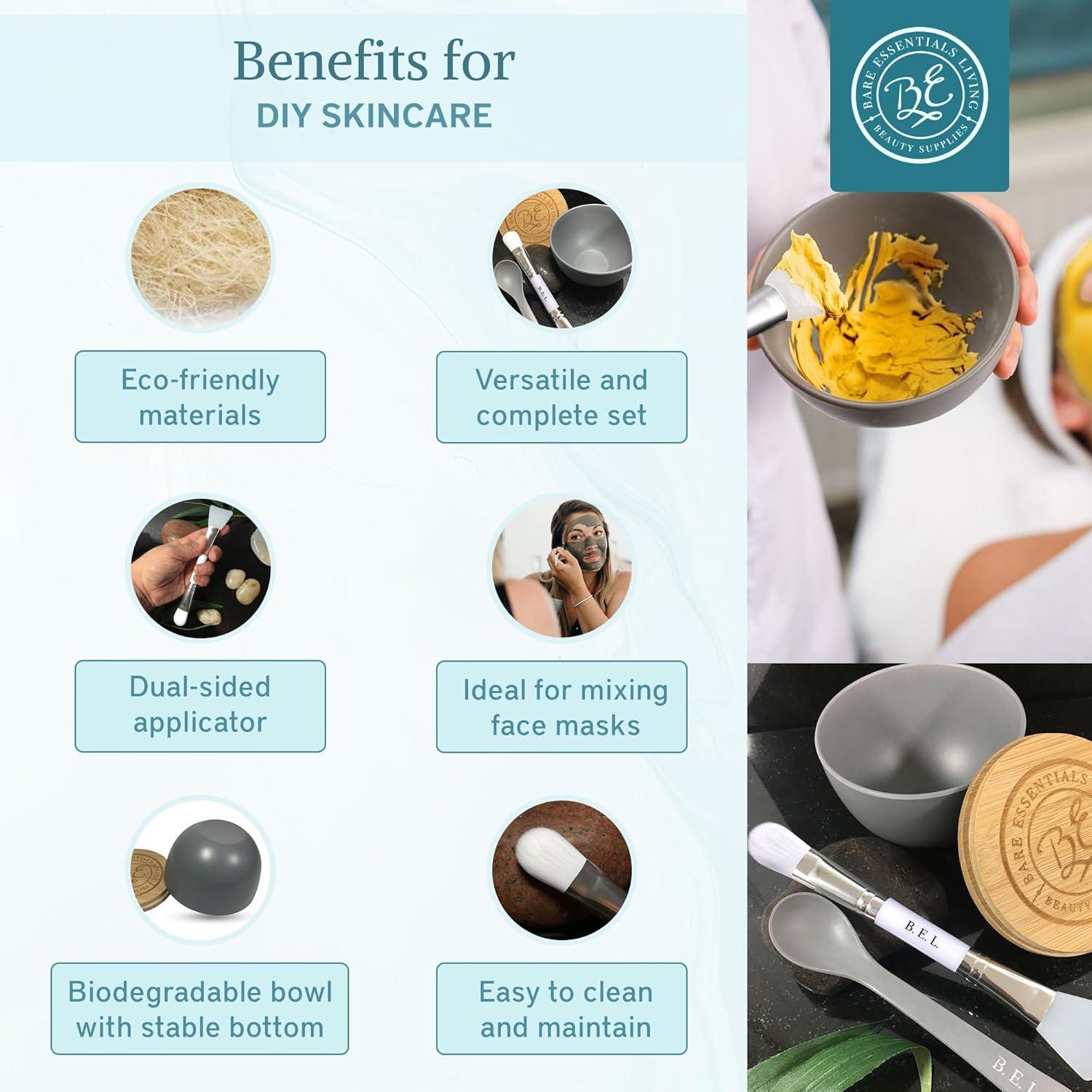Bare Essentials Living - Clay Face Mask Mixing Bowl Set, Skin Care Kit Facial Bowls with Bamboo Lid, Face Mask Spoon, & Dual Sided Face Mask Brush Applicator for DIY Clay Mask, Facials & Hair (White)
