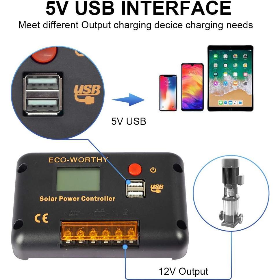 Controlador de Carga Solar ECO-WORTHY 30A 12/24V USB