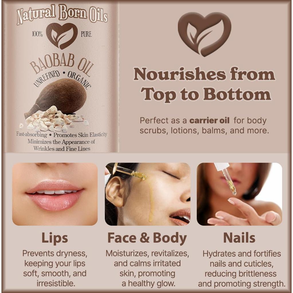 Aceite de Baobab Orgánico Natural Born Oils 226.8ml Prensado en Frío