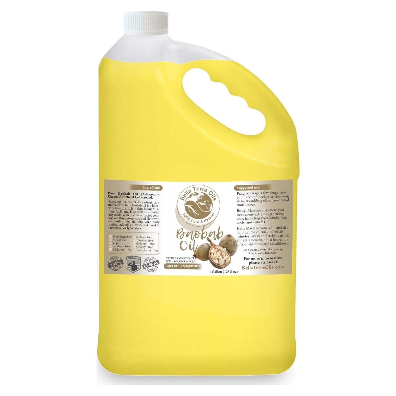 Aceite Puro de Baobab Bella Terra - 3.785 L, Hidratante para Cabello y Piel