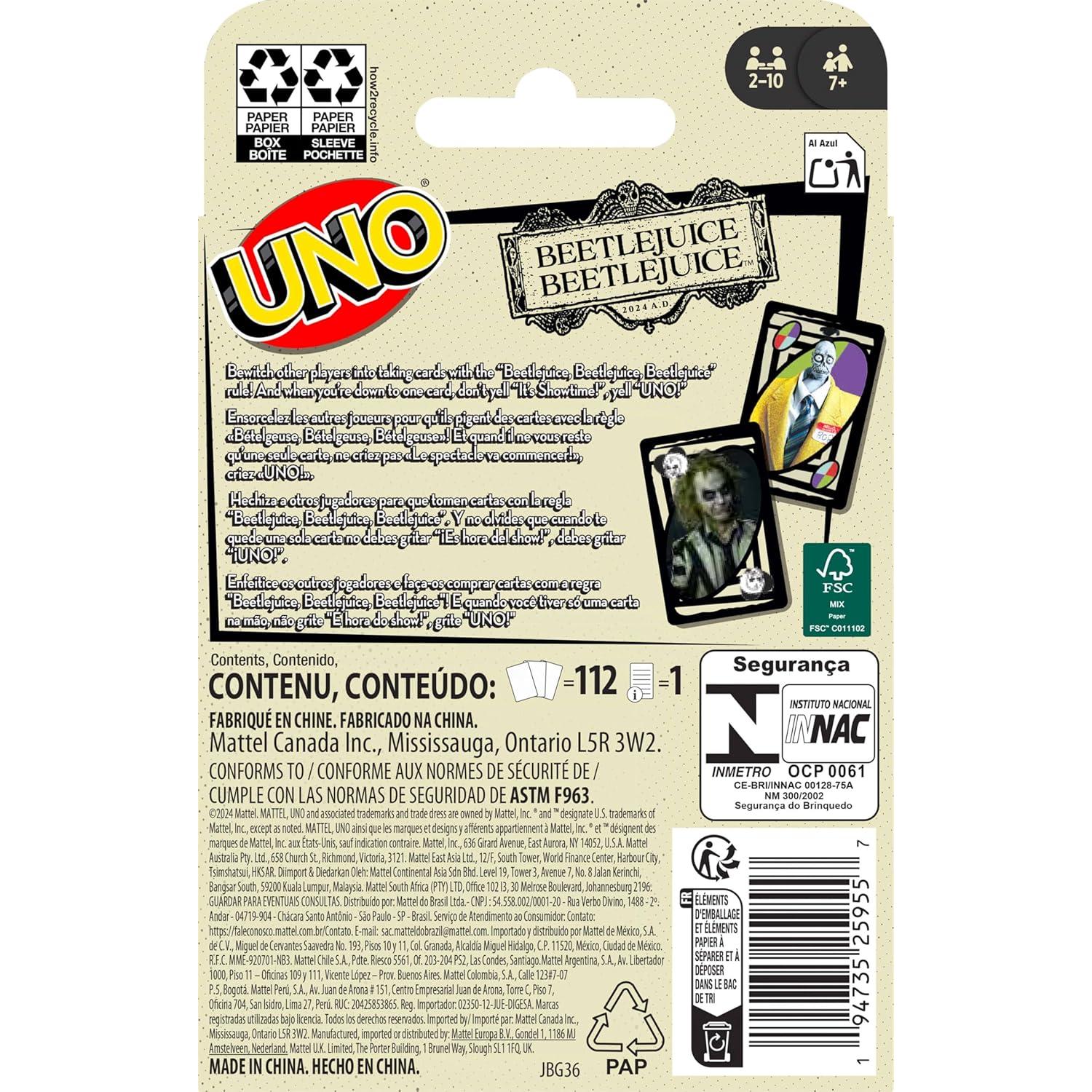 Juego de cartas UNO Beetlejuice Mattel 2-10 jugadores 7+ años