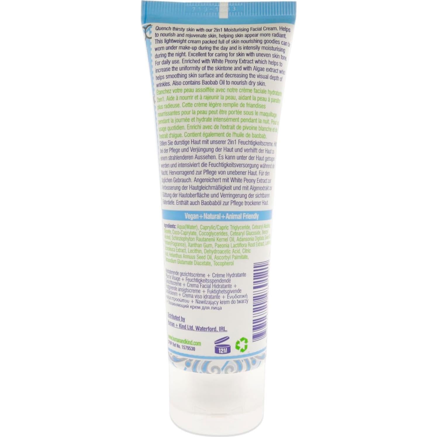 Crema Facial Hidratante Human+Kind 70.87 g - Vegana y Suave