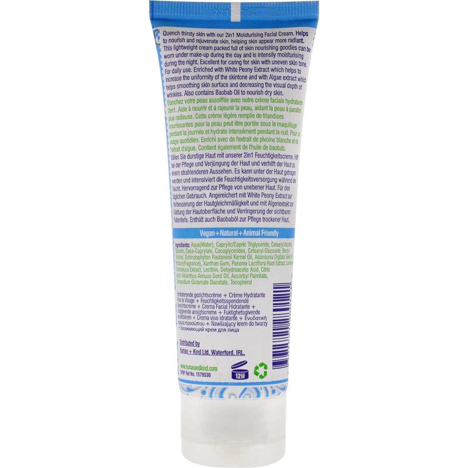 Crema Facial Hidratante Human+Kind 70.87 g - Vegana y Suave