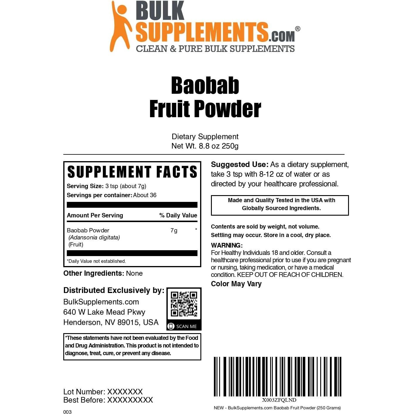 Polvo de Baobab BulkSupplements 250g - Suplemento Antioxidante