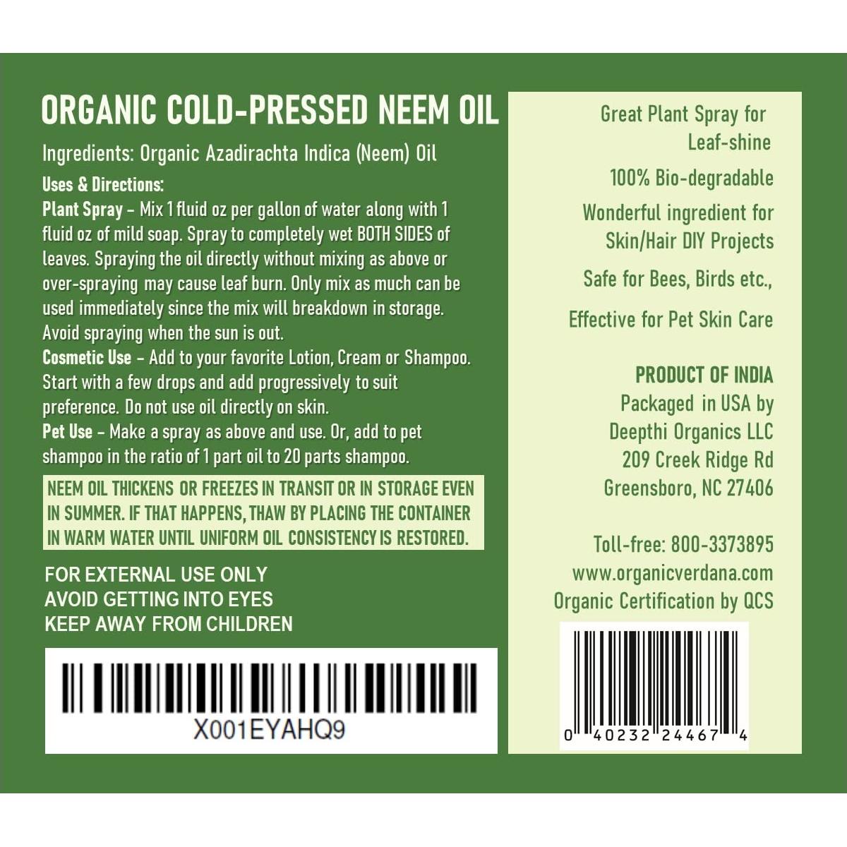 Aceite de Neem Puro Verdana 32 oz - Orgánico, Sin Aditivos