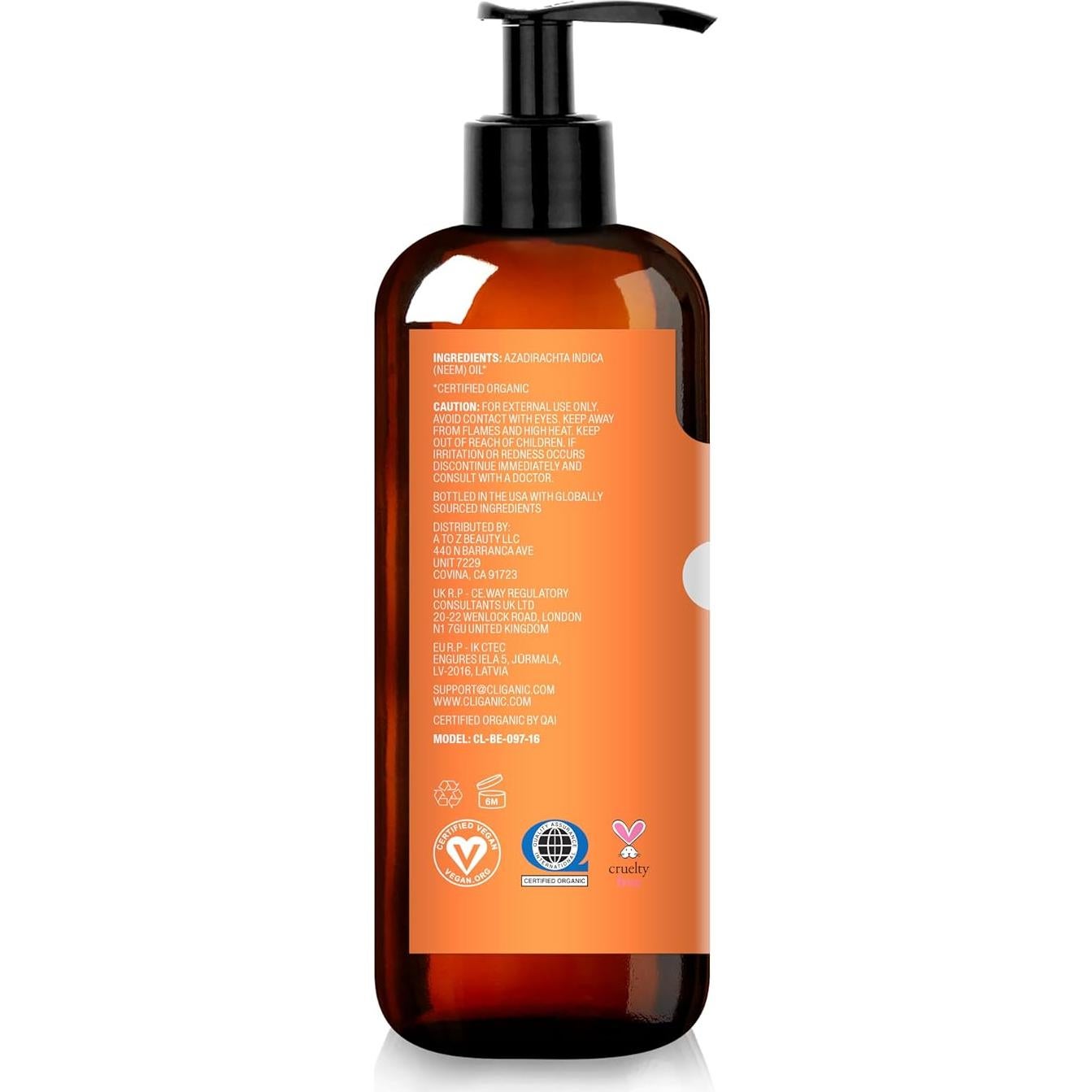 Aceite de Neem Orgánico Cliganic 473ml Puro para Piel y Plantas