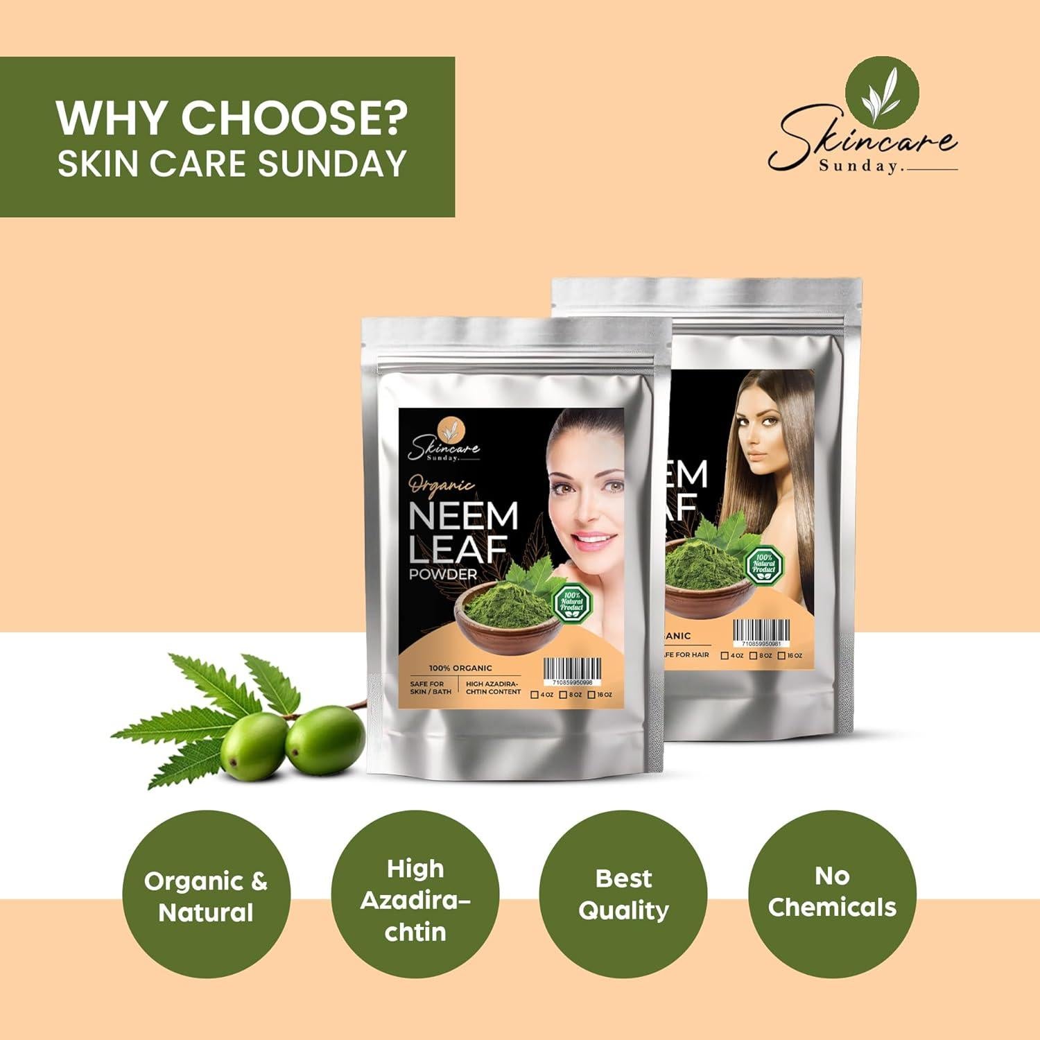 Polvo de Hoja de Neem Orgánico Skincare Sunday 453g - Cuidado Piel y Cabello