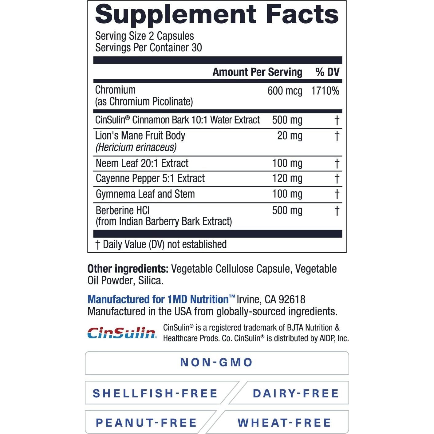 Suplemento GlucoseMD 1MD Nutrition - 60 Cápsulas Veganas