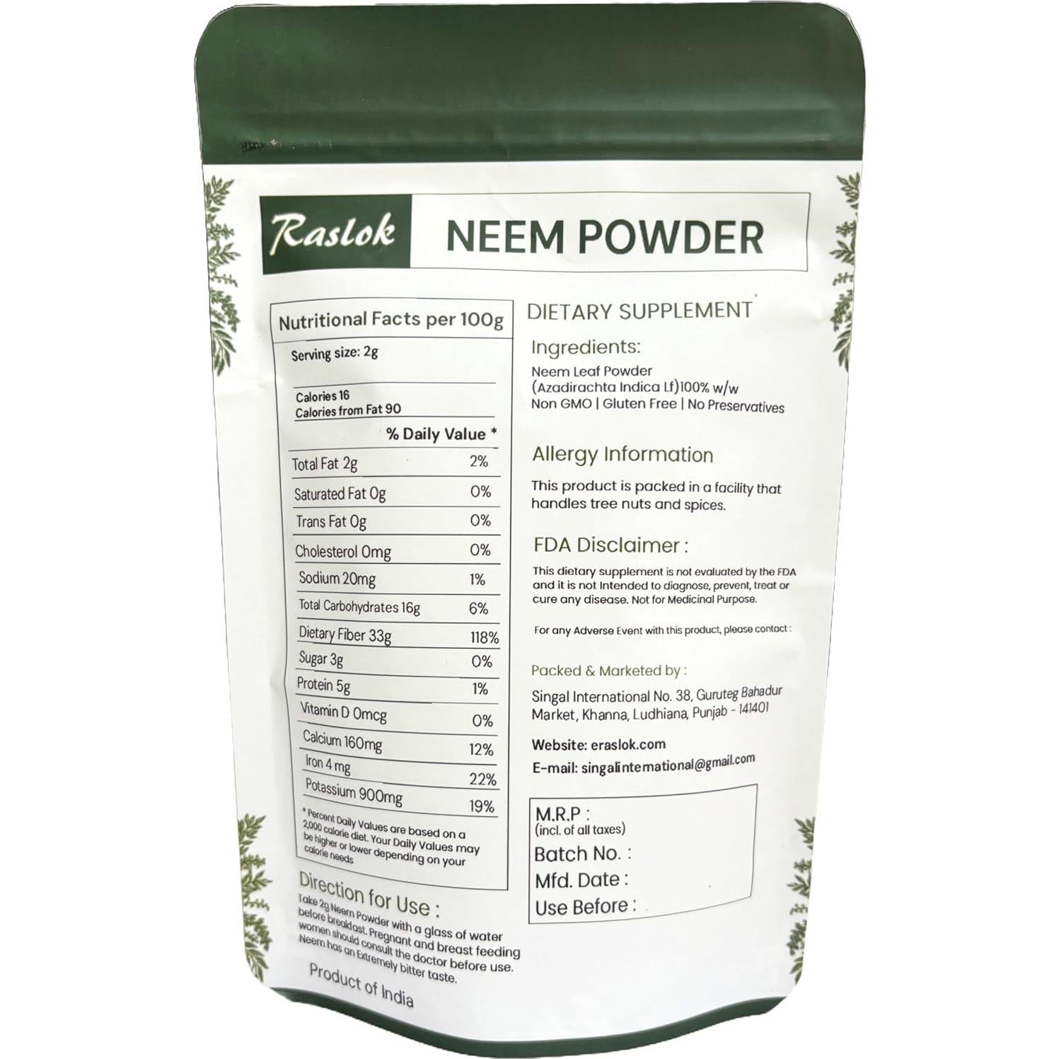 Polvo de Neem Raslok 100% Puro 226.8 g - Suplemento Natural